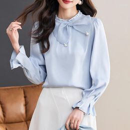 Women's Blouses QOERLIN Light Blue Blouse Women Korean Chic Nailed Bead Bow Solid Colour Chiffon Shirts FemaleTemperament Casual Long Sleeve