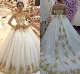 Dresses Unique Bling Gold Applique Lace Ball Gown Wedding Dresses Sweetheart Poet Long Sleeve Draped Ball Gowns Bridal Dress Plus Size Sou