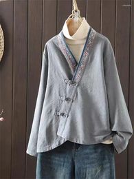 Women's Jackets Retro Chinese Cotton And Linen Shirt Women Jacket Long Sleeve 2024 Spring Summer Pan Button Embroidery V-Neck Hanfu K558