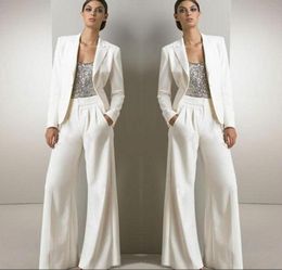 2018 White Three Pieces Mother Of The Bride Pant Suits For Silver Sequined Wedding Guest Dress With Jackets Plus Size8024604