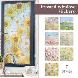 Window Stickers Pastoral Style Flower Oil Painting Privacy Film Static Cling Frosted Glass Bathroom Home Decor Sticker