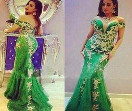 Saudi Arabic Green Mermaid Evening Dresses 2017 Sexy Off Shoulder Lace Applique Prom Dresses Plus Size Sweep Train Formal Party Dr6056089