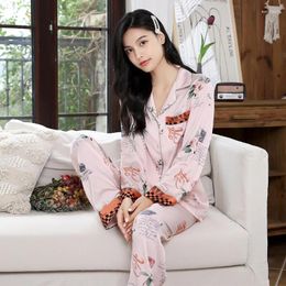 Home Clothing Print Flower 2PCS Sleep Set Intimate Lingerie Women Nightwear Pyjamas Suit Long Sleeve Casual Pink Satin Pyjamas