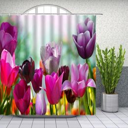 Shower Curtains Floral Spring Flower Plant Pattern Bathroom Decor Waterproof Polyester Home Bath Cloth Curtain Set