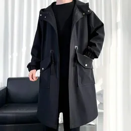 Men's Trench Coats Men Hooded Loose Mid Length Big Pockets Coat Long Sleeve Windproof Solid Color Zipper Closure Streetwear