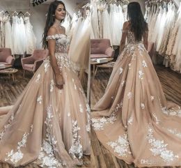 Dresses Cheap Gorgeous Champange Off Shoulder Wedding Dresses Lace Appliqued Sweep Train Plus Size Wedding Dress Bridal Gowns Vestidos De