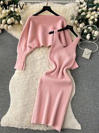 Pantaloni da donna babyoung gigante maglione a pipistrello a pipistrello con maglione corto top -vestito temperamento a due pezzi set di moda autunno inverno 2024