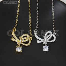 5Pcs Zircon Crystal Bowknot Pendant Necklace Elegant Gold Plated Fashion Jewellery gift Special Gift 240407