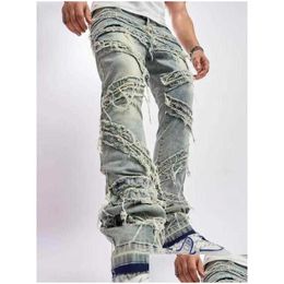 Mens Jeans Fashion Casual Hole For Men Hip Hop Biker Regar Straigh Pants Cat Whiskers Stitched Cloth Stretch Plus Size Xs-Xxl Drop Del Otyri