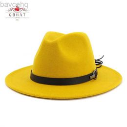 Wide Brim Hats Bucket Hats QBHAT Women Men Wide Brim Wool Felt Jazz Fedora Hats Panama Style Cowboy Trilby Party formal Dress Hat Large Size Yellow white 240407