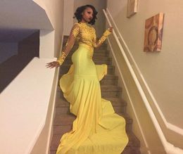 Cheap Prom Dresses Robe De Mariee Sirene High Neck Yellow Long Sleeve Prom Dress Court Train Mermaid Evening Party Gowns6544639