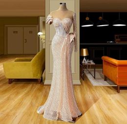 Sparkly Sequined Pink Mermaid Evening Dresses Long Sleeve Beads Ruffles Lace Prom Dress Saudi Arabia Robe De Soiree Custom Made6803968