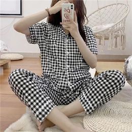 Home Clothing Lapel Set Cardigan Women For Plaid Milk Top Long Sleeve Pyjamas Summer Bottoms Suit Pcs Silk Short 2