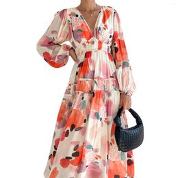 Casual Dresses Bohemian Floral Print Beach Long Dress Women's Spring Summer Party A-Line Lantern Sleeve V-Neck Flared