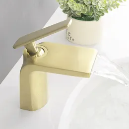 Bathroom Sink Faucets Brass Waterfall Basin Faucet Cold And Mixer Tap Brushed Gold/ORB/Chrome Deck Mounted