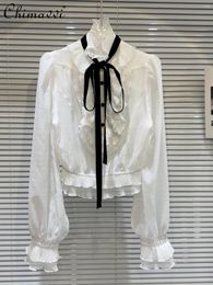 Women's Blouses Shirt 2024 Spring Clothes Fashion Ribbon Bow Bandage Elegant Socialite Chiffon Shirts Loose Ladies Tops