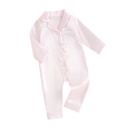 Kids Jumpsuit Pyjamas Solid Colour Button Long Sleeves Rompers Pants for Girls Boys Loungewear Sleepwear 240325
