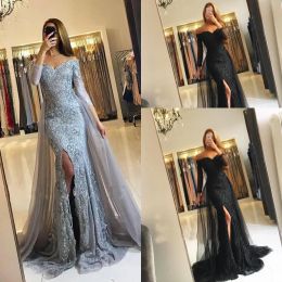 Dresses Evening Dresses Wear 2018 New Silver Grey Black Off Shoulder Lace Appliques Beaded Tulle Split Long Sleeves Party Dress Formal Pro