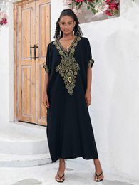 Bohemian Glod Embroidery Printed Loose Kaftan V Neck Slit Dress 2024 Summer Women Casual Robe Beachwear Swimsuit Cover Up Q1581