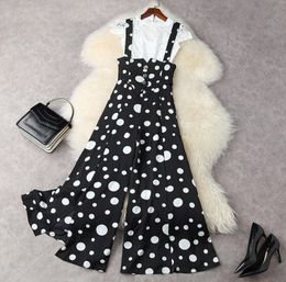 2021 Summer Cap Sleeve Round Neck White Lace Top Polka Dot Wide Leg Overalls Suspender Trousers Two Piece Suits 2 Pieces Set 21A1062901