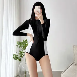 Women's Swimwear 2024 Korean Patchwork Slimming Beach Dress Long Sleeve One Piece Swimsuit Conservative Bikini