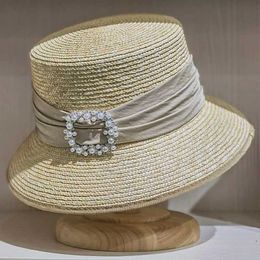 Wide Brim Hats Bucket Womens Sun Hat Ribbon Straw Cloche Beach Pearl Summer Fedoras Chuck Dress Fine Woven UPF50+ Q240403
