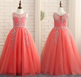 Coral Girls Pageant Dresses Crystals Beadings Sparkly Tulle A Line Floor Length Birthday Party Dress Flower Girl Custom Made8237573