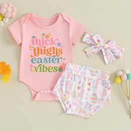 Clothing Sets Baby Girls Easter Outfits Letter Print Short Sleeve Romper And Egg Shorts Cute Headband Summer 3 Piece Clothes
