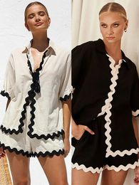 Stripe Splice Short Sleeve Shirt Suits For Women Single Breasted Lapel Loosetop Shorts 2 Pc Set Female Chic Beach Elegant Outfit 240327