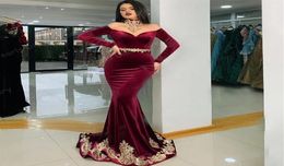 Burgundy Evening Dresses Formal Off Shoulder Dubai Saudi Arabic Velvet Long Sleeve Mermaid Prom Gowns 2021 Robes4340425