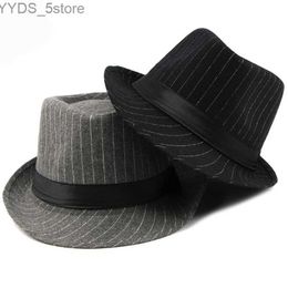 Wide Brim Hats Bucket HT1516 New Mens Fedora Hat British Style Striped Trilby Vintage Derby Bowling Jazz Casual Grey Black yq240407