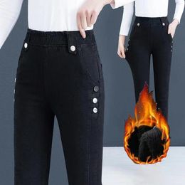 Women's Jeans Elastic Waist Jean For Women Winter High-Waist Thick Skinny Pants Fleece Lined Slim Stretch Warm Jeggings
