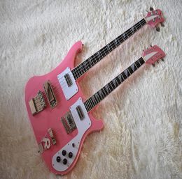 Factory Double Neck Pink Electric Bass and Guitar with 46 StringsWhite PickguardHigh QualityCan be Customized2630330