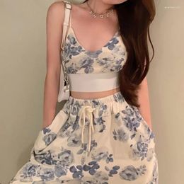 Women's Two Piece Pants 2024 Women 2 Pieces Pant Sets Summer Clothes Floral V-Neck Spaghetti Strap Camisole And Drawstring Elastic Waist