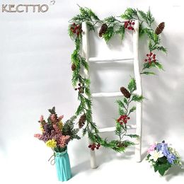 Decorative Flowers Christmas Plastic Artificial Pine Cones Berry Vine Fake Plant Green 190cm Hanging Garland Needle Rattan Fireplace