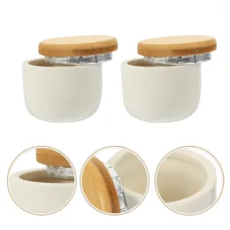 Storage Bottles 2 Pcs Bamboo Lid Ceramic Jar Sealing Tea Canister Portable Spice Sealed Pot Food Container Coffee Beans Jars