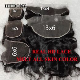 HiEbony Body Wave 13x6 HD Lace Frontal 100% Human Hair Invisiable 5x56x67x7 Closure Melt Skins Pre Plucked Hairline 240402