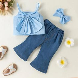 Clothing Sets 3M-18M Baby Girl Solid Colour Big Bow Suspender Top With Blue Flared Jeans Three-piece Suit For Summer Wear