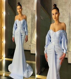 Baby Blue Dubai Arabic Aso Ebi Mermaid Prom Dresses Simple Sexy Off Shoulder Long Sleeve Formal Evening Dress Wear Custom Made9276121