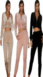Fashion Women Long Sleeve Zipper Solid Velvet Bodycon Jumpsuit Tracksuit Casual Two Piece Tracksuit Streetwear 2 Piece Outfits Swe8404807