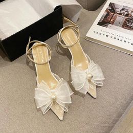 Dress Shoes Spring And Summer White Lace Bridal Wedding Mesh Bow Pointed Sandals Stilettos Dresses Daily All-match Women's