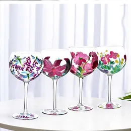 Wine Glasses 610ml Nordic Coloured Creative Hand-Painted Flowers Pattern Red Cup Wedding Goblet Crystal Champagne Drinkware