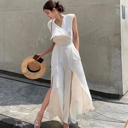 Women's Pants French Simple Casual V-neck Split Design Women Waist Sleeveless Vest Jumpsuit Femme 2024 Summer Korean Chic Bodysuit