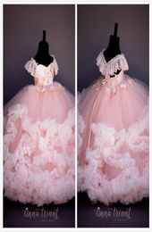 Pink Lace Beaded Flower Girl Dresses Ball Gown Hand Made Flowers Cheap Little Girl Wedding Dresses Vintage Pageant Dresses Gowns F7807003