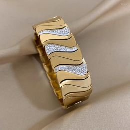 Bangle Chunky Fashion Wavy Shape Stainless Steel Rhinestones Wide Bracelet For Women Cuff Vintage Waterproof Jewelry Accessories