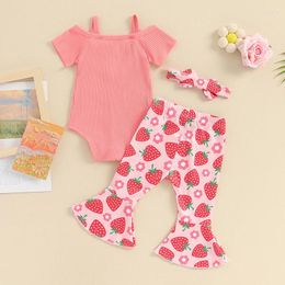 Clothing Sets Infant Baby Girl Clothes Ribbed Suspenders Short Sleeve Romper Floral Flared Pants Headband Set 3Pcs Summer Outfits