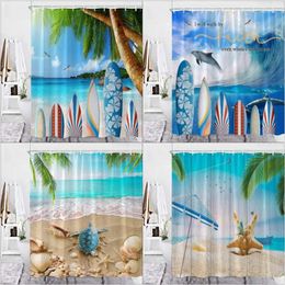 Shower Curtains Summer Ocean Scenery Curtain Beach Surfboard Palm Tree Seascape Landscapes Polyester Fabric Decor Bathroom Hooks