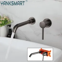 Bathroom Sink Faucets YANKSMART Gun Grey Basin Faucet Wall Mounted Single Handle Washbasin & Cold Mixer Water Tap