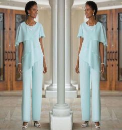 Mother of the Bride Pants Suits Elegant Two piece Chiffon And Cascading Ruffles Wedding Party5588451