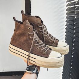 Casual Shoes Vintage Brown Canvas Men High Top Sneakers Women Couple Espadrilles Comfortable Platform Vulcanised Man 2024